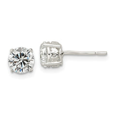 QE16133 Sterling Silver Polished 6mm Round CZ Heart Basket Set Stud Earrings