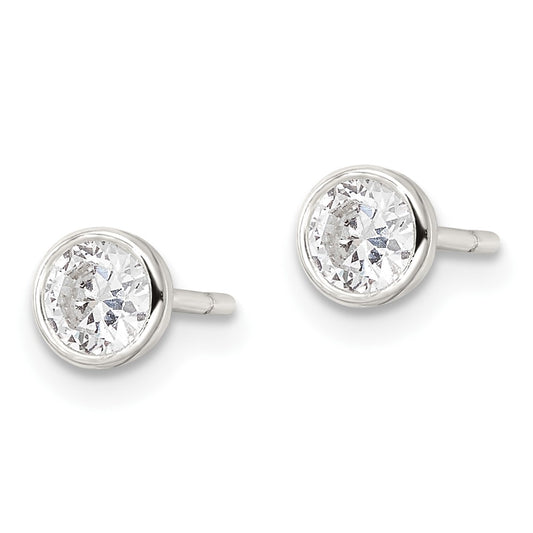 QE16136 Sterling Silver Polished 4mm Round CZ Bezel Set Stud Earrings