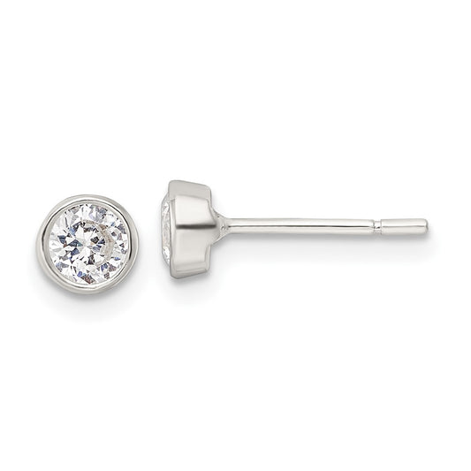 QE16136 Sterling Silver Polished 4mm Round CZ Bezel Set Stud Earrings