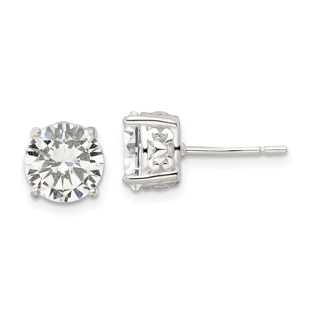 QE16139 Sterling Silver Polished 8mm Round CZ Heart Basket Set Stud Earrings