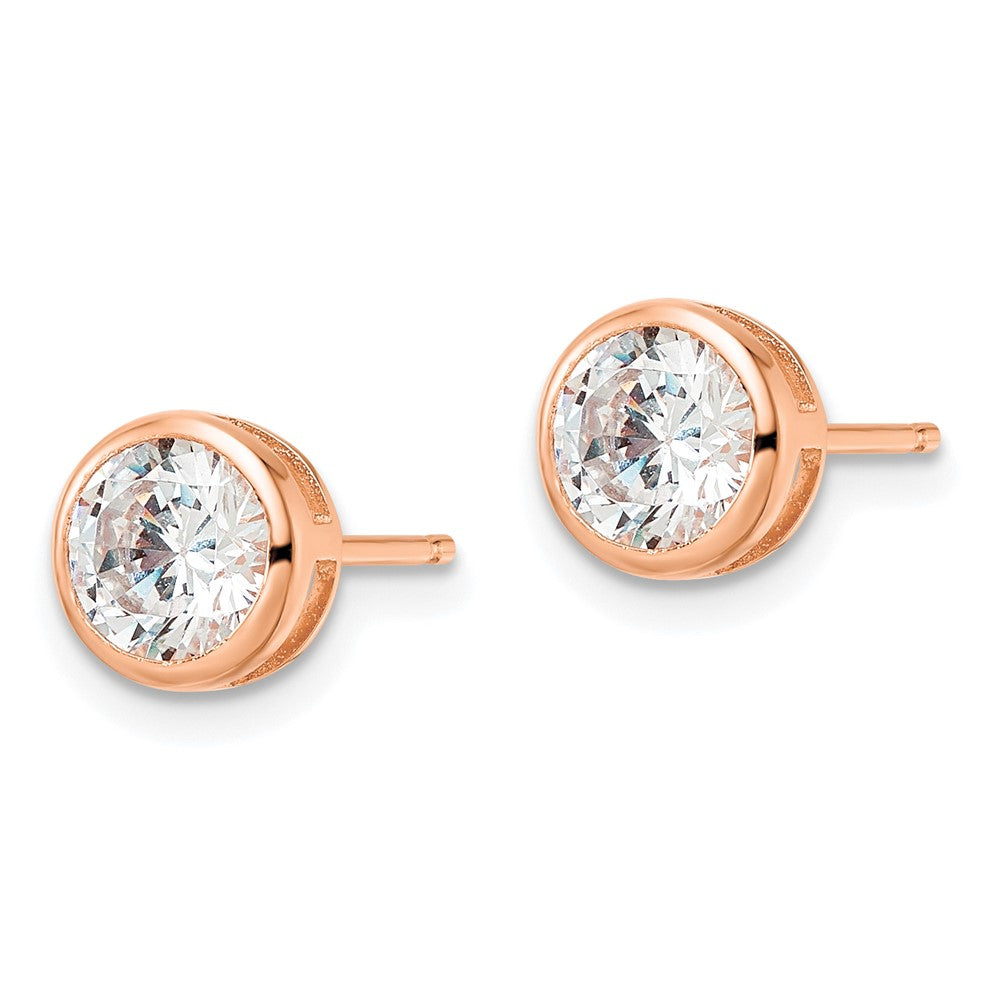 QE16146 Sterling Silver Rose-tone Polished 6mm Round CZ Bezel Set Stud Earrings