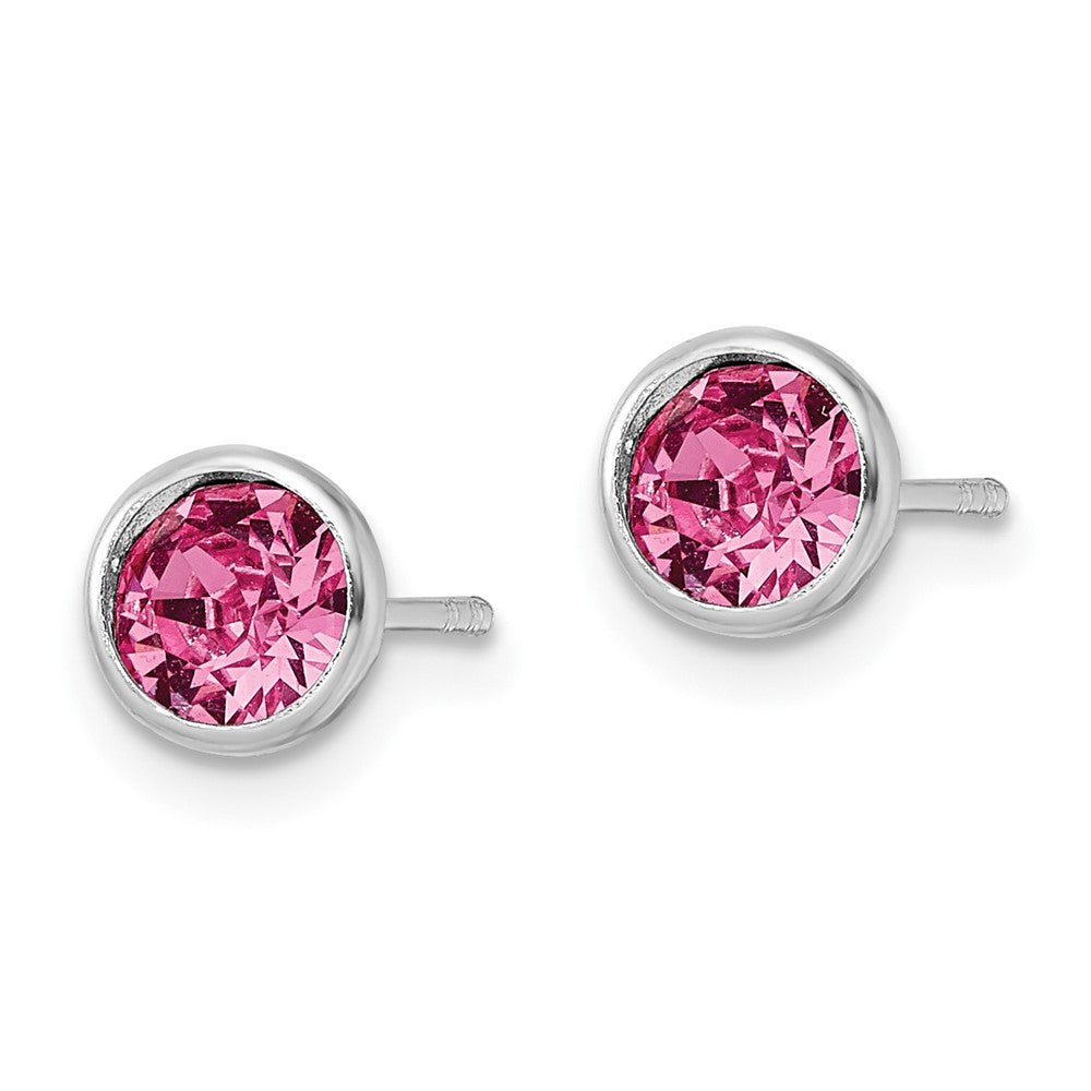 QE16161 Sterling Silver Rhod-plated Polished 5mm Pink Crystal Bezel Stud Earrings