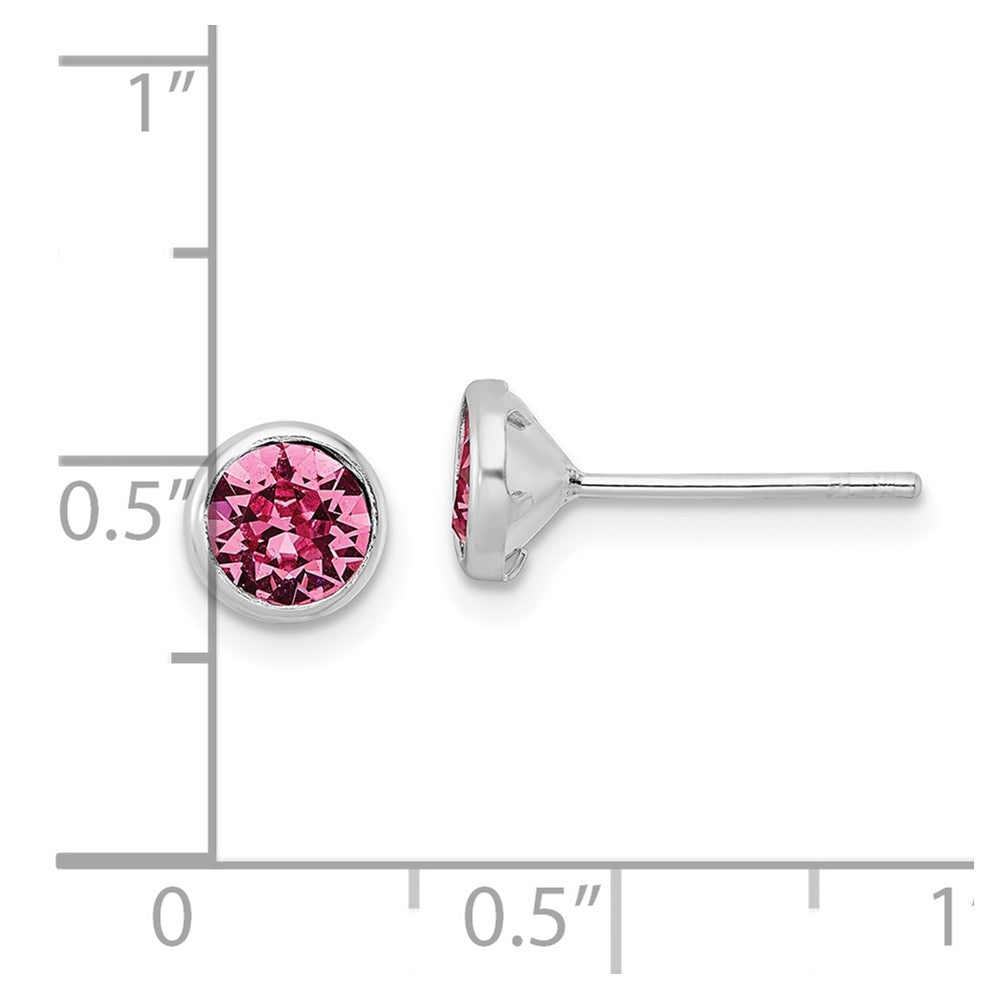 QE16161 Sterling Silver Rhod-plated Polished 5mm Pink Crystal Bezel Stud Earrings