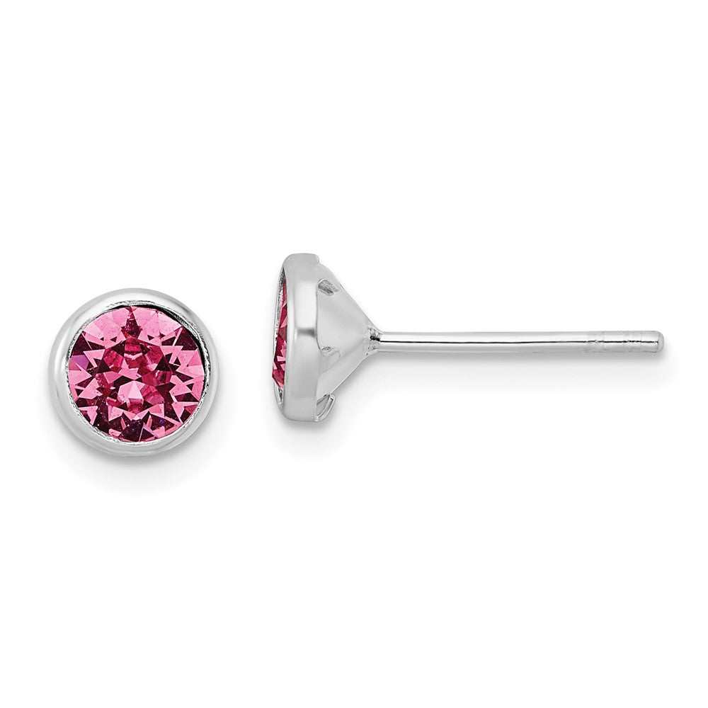 QE16161 Sterling Silver Rhod-plated Polished 5mm Pink Crystal Bezel Stud Earrings