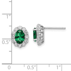 QE16166 Sterling Silver Rhod-plated Polished Green & White CZ Oval Post Earrings