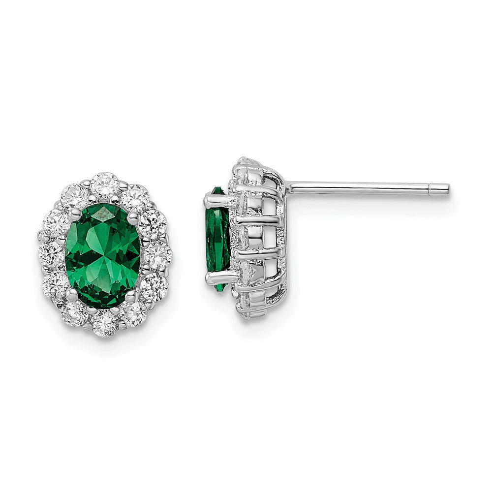QE16166 Sterling Silver Rhod-plated Polished Green & White CZ Oval Post Earrings