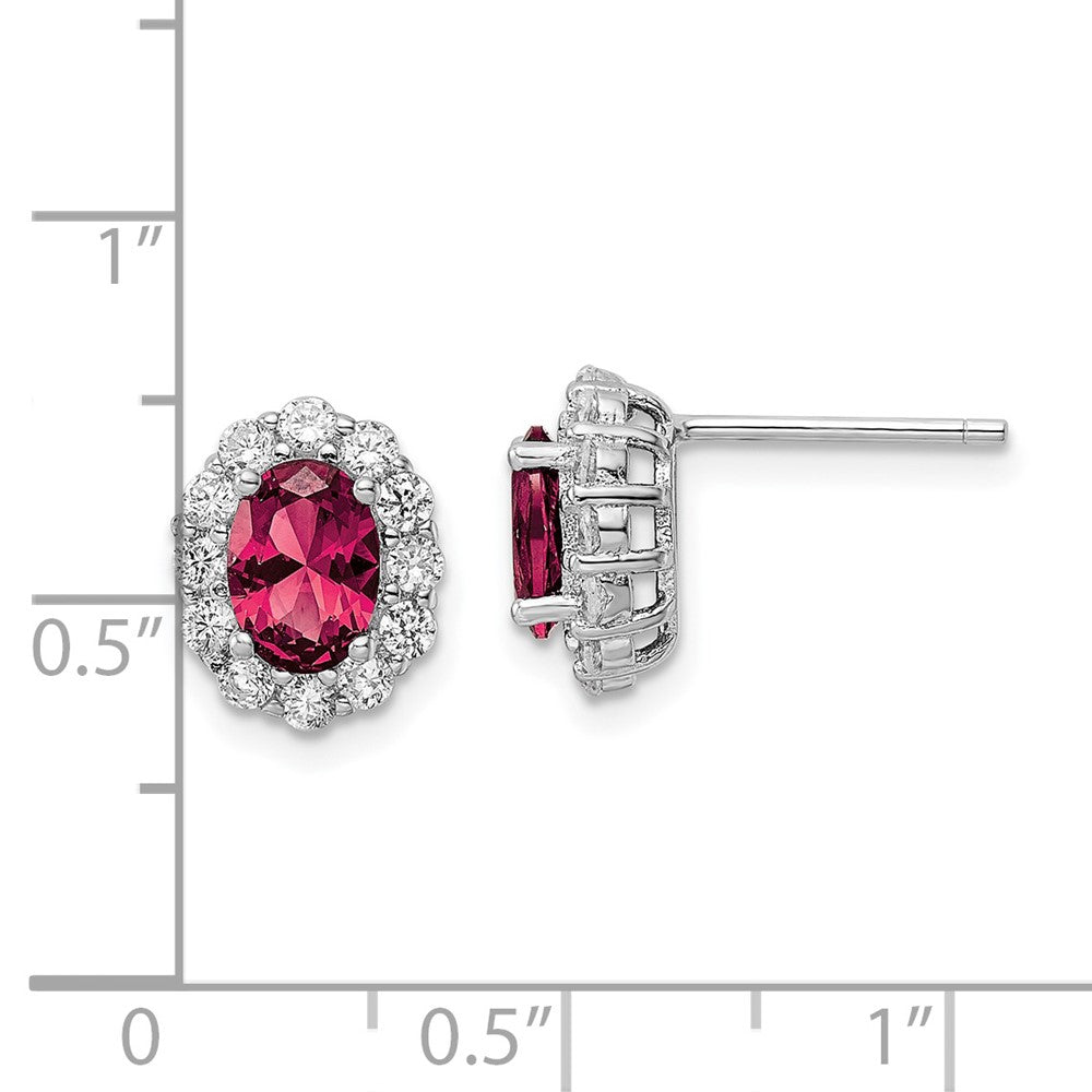 QE16167 Sterling Silver Rhodium-plated Red & White CZ Oval Post Earrings