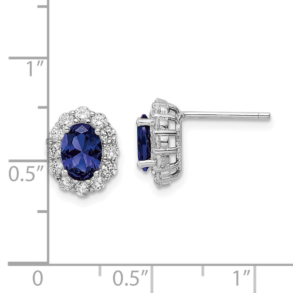 QE16168 Sterling Silver Rhodium-plated Polished Blue & White CZ Oval Post Earrings