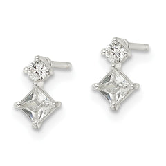 QE16176 Sterling Silver Polished Two Square CZ Post Earrings