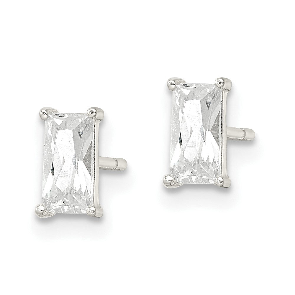 QE16183 Sterling Silver Polished 6x3mm Emerald-shape CZ Stud Earrings