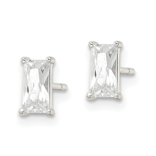 QE16183 Sterling Silver Polished 6x3mm Emerald-shape CZ Stud Earrings