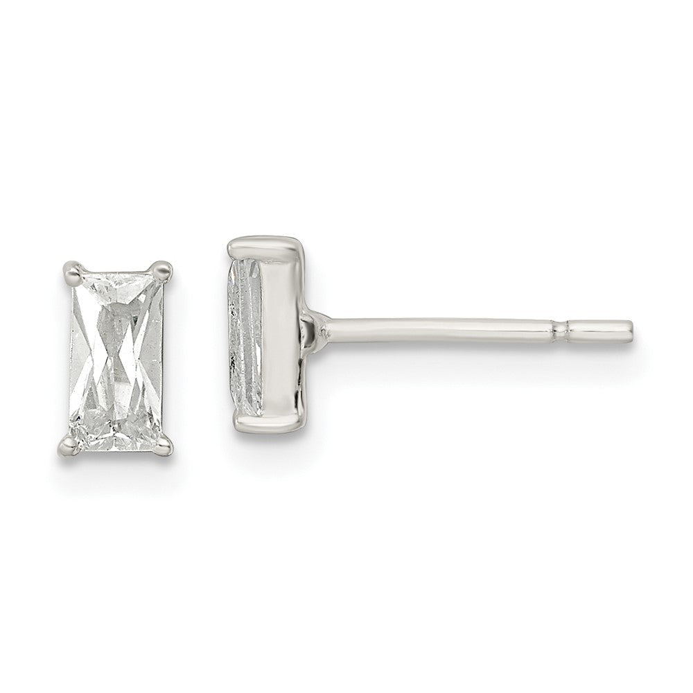 QE16183 Sterling Silver Polished 6x3mm Emerald-shape CZ Stud Earrings