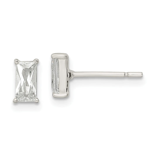QE16183 Sterling Silver Polished 6x3mm Emerald-shape CZ Stud Earrings