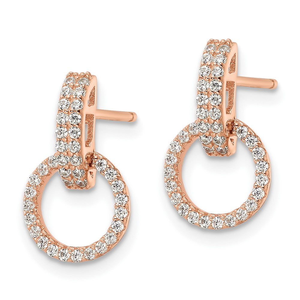QE16209 Sterling Silver Rose-tone Polished CZ Circle Post Dangle Earrings