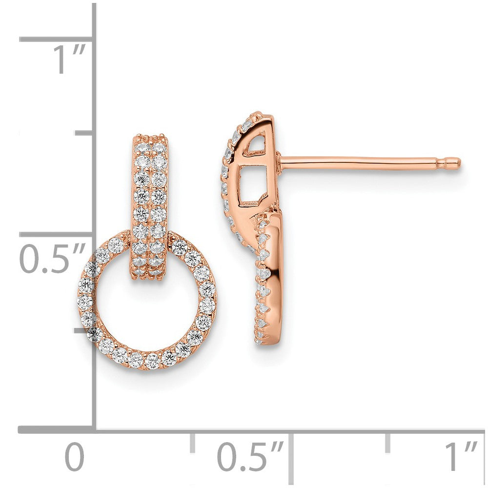 QE16209 Sterling Silver Rose-tone Polished CZ Circle Post Dangle Earrings