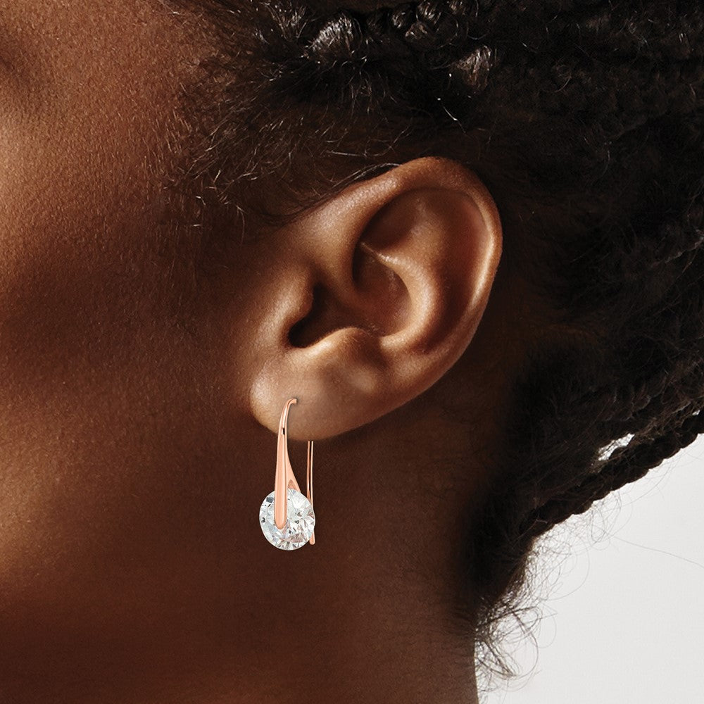 QE16220 Sterling Silver Rose-tone Polished Round CZ Dangle Earrings