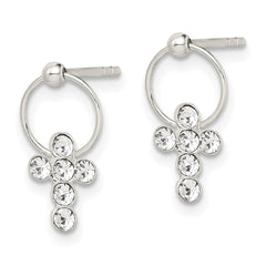 QE1623 Sterling Silver Polished CZ Cross Circle Post Dangle Earrings