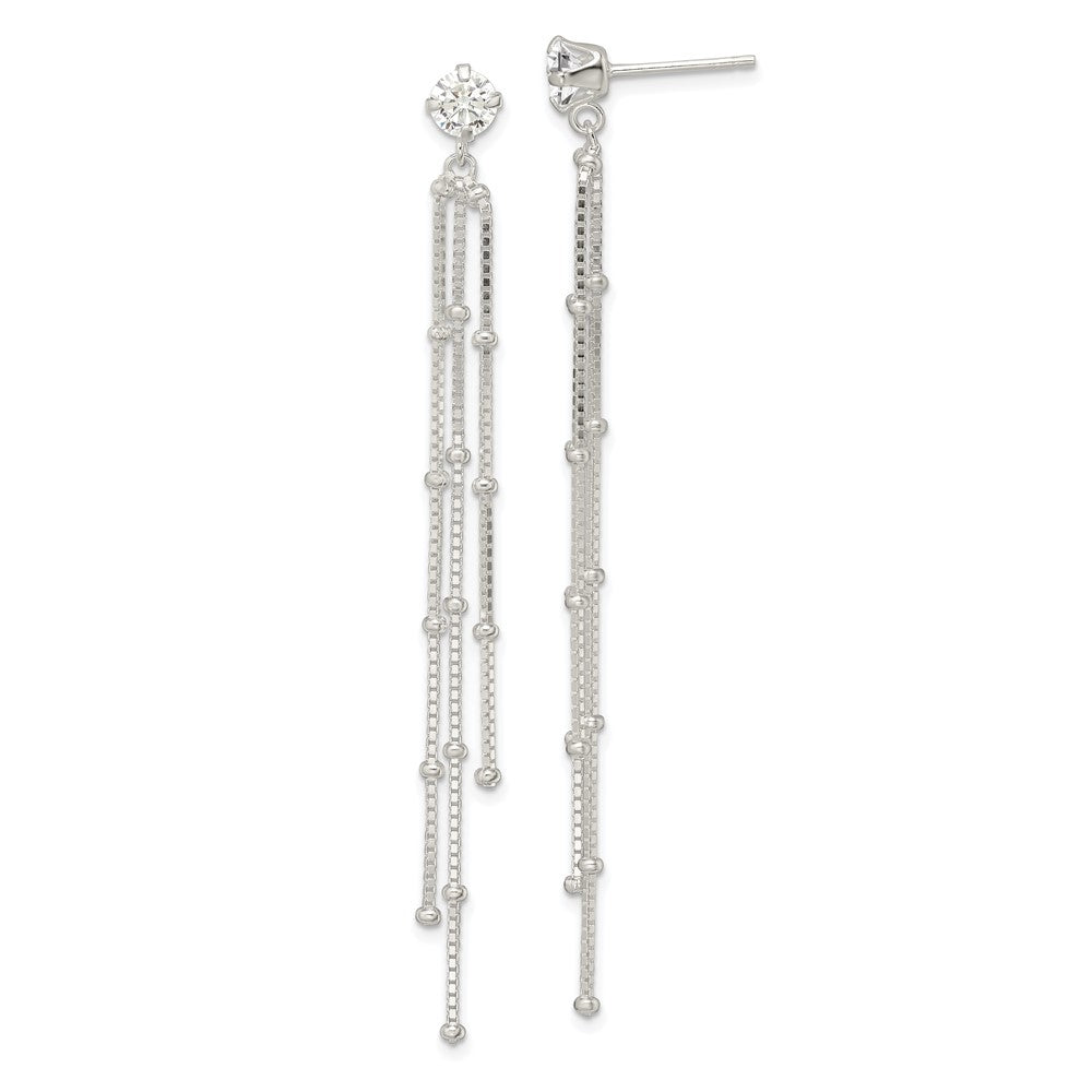 QE16238 Sterling Silver Polished CZ & Beaded Chain Post Dangle Earrings