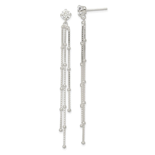QE16238 Sterling Silver Polished CZ & Beaded Chain Post Dangle Earrings