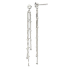 QE16238 Sterling Silver Polished CZ & Beaded Chain Post Dangle Earrings