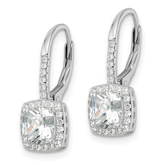 QE16247 Sterling Silver RH-plated Polished Princess Cut CZ Halo Leverback Earrings