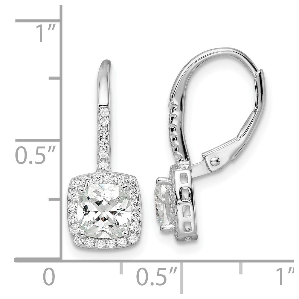 QE16247 Sterling Silver RH-plated Polished Princess Cut CZ Halo Leverback Earrings