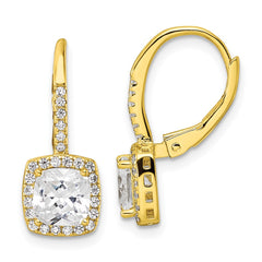 QE16248 Sterling Silver Gold-tone Polished Princess Cut CZ Halo Leverback Earrings