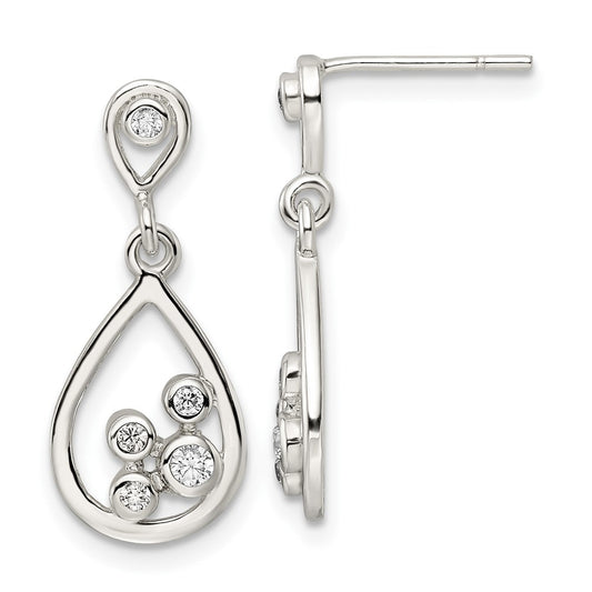 QE16257 Sterling Silver Polished CZ Teardrop Dangle Post Earrings