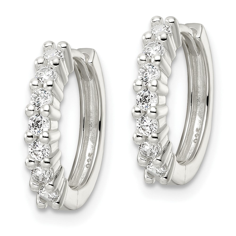 QE16288 Sterling Silver Polished CZ Hinged Hoop Earrings
