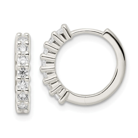 QE16288 Sterling Silver Polished CZ Hinged Hoop Earrings