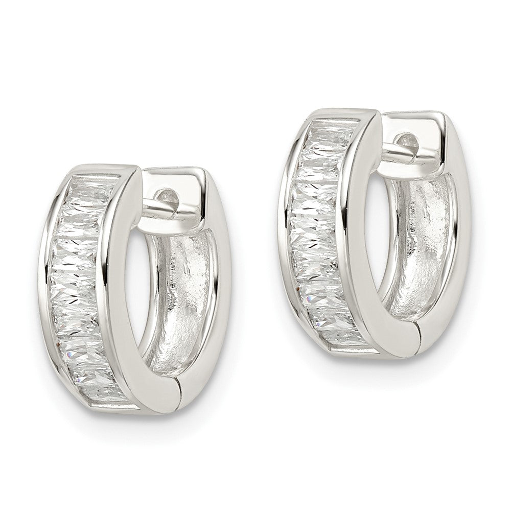 QE16289 Sterling Silver Polished Baguette CZ Hinged Hoop Earrings