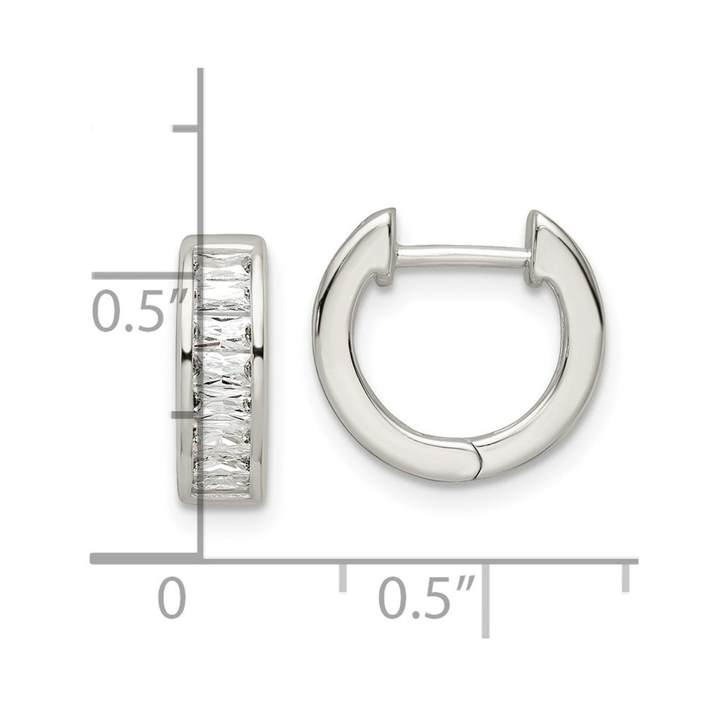 QE16289 Sterling Silver Polished Baguette CZ Hinged Hoop Earrings