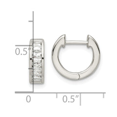 QE16289 Sterling Silver Polished Baguette CZ Hinged Hoop Earrings