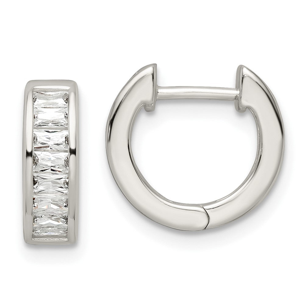QE16289 Sterling Silver Polished Baguette CZ Hinged Hoop Earrings