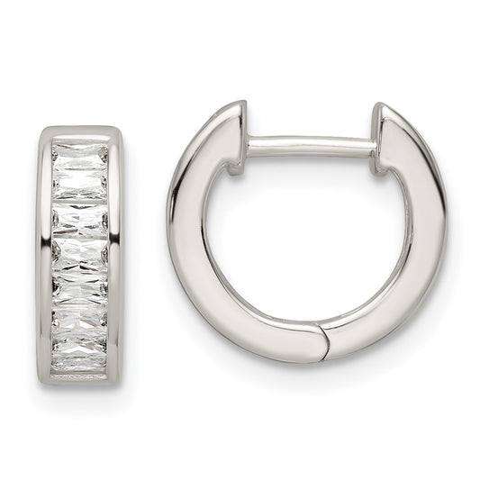 QE16289 Sterling Silver Polished Baguette CZ Hinged Hoop Earrings