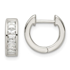 QE16289 Sterling Silver Polished Baguette CZ Hinged Hoop Earrings
