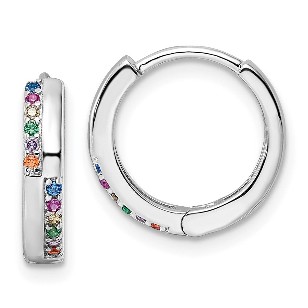 QE16290 Sterling Silver Rhodium-plated Multicolor CZ Hinged Hoop Earrings