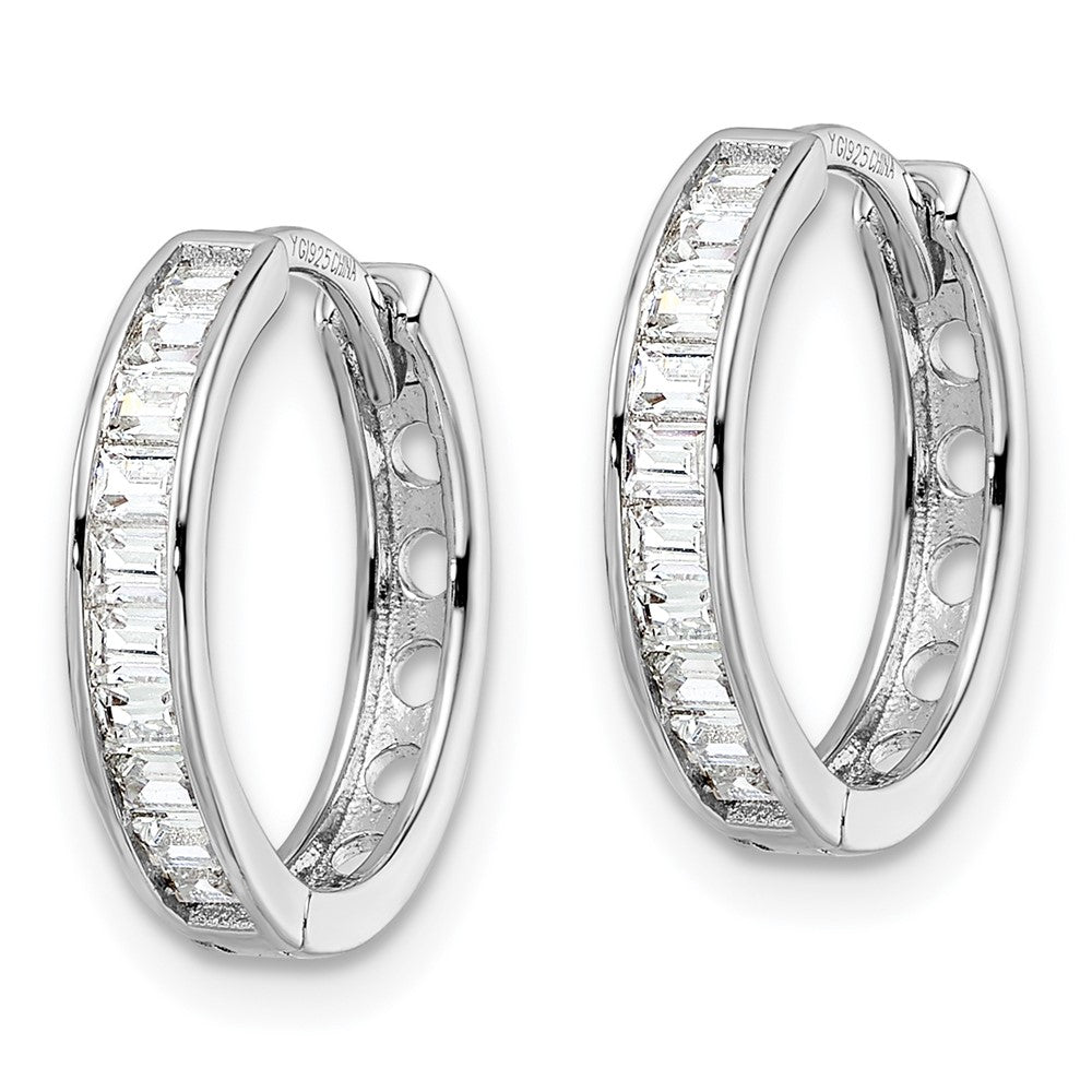 QE16295 Sterling Silver Polished Rhodium-plated CZ Hinged Hoop Earrings