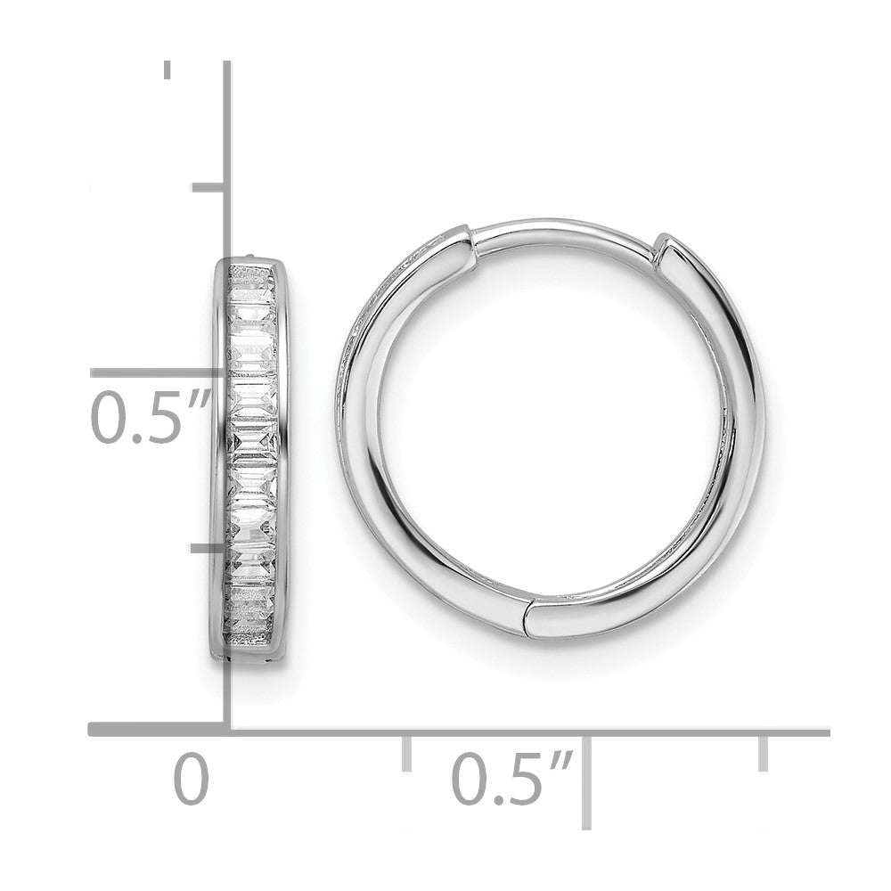 QE16295 Sterling Silver Polished Rhodium-plated CZ Hinged Hoop Earrings
