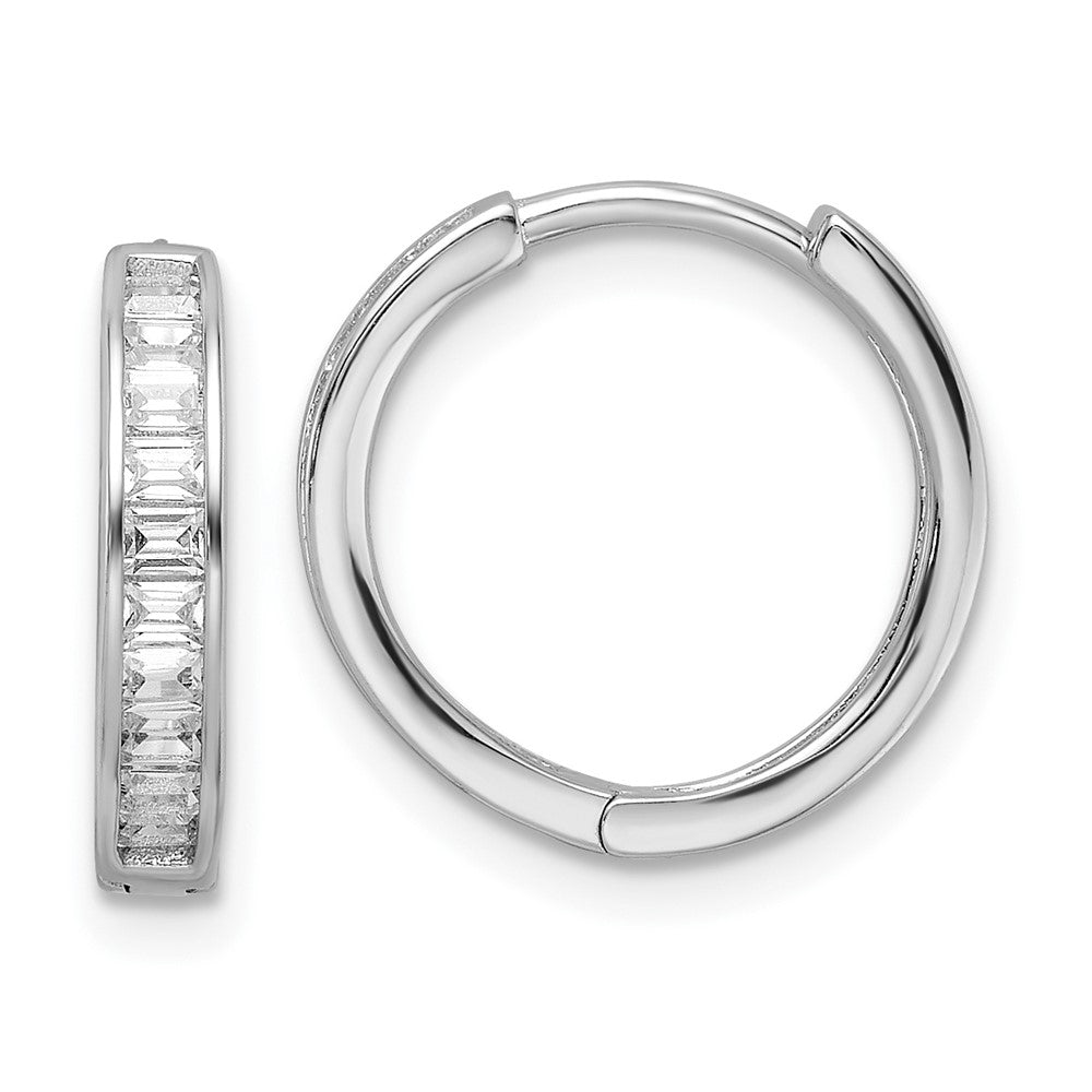 QE16295 Sterling Silver Polished Rhodium-plated CZ Hinged Hoop Earrings