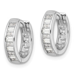 QE16298 Sterling Silver Polished Rhodium-plated CZ Hinged Hoop Earrings