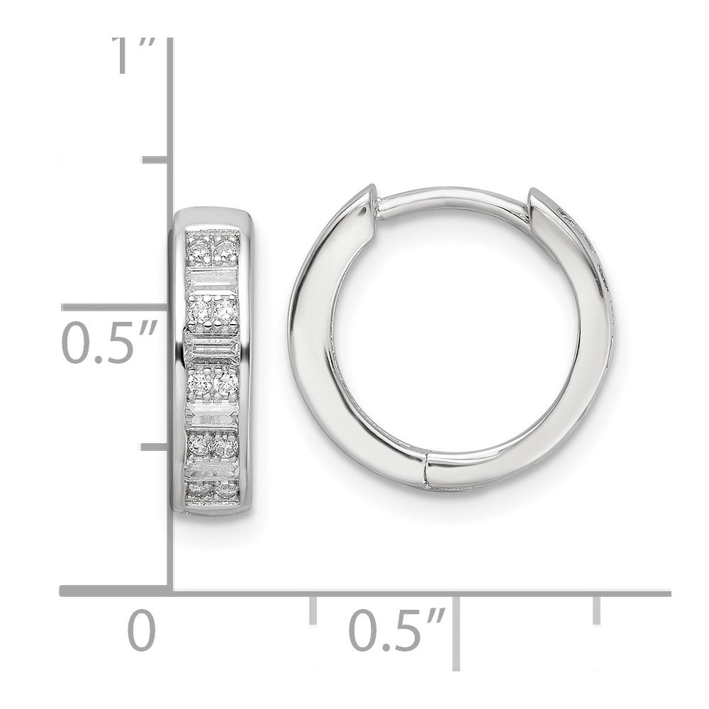 QE16298 Sterling Silver Polished Rhodium-plated CZ Hinged Hoop Earrings