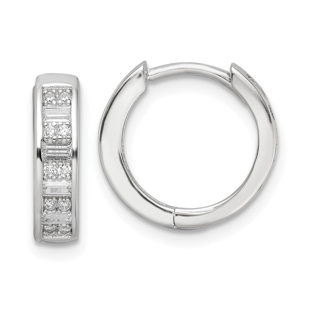 QE16298 Sterling Silver Polished Rhodium-plated CZ Hinged Hoop Earrings