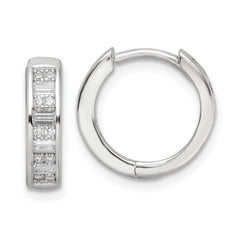 QE16298 Sterling Silver Polished Rhodium-plated CZ Hinged Hoop Earrings