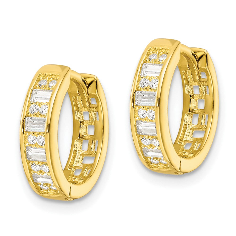 QE16299 Sterling Silver Polished Gold-tone CZ Hinged Hoop Earrings