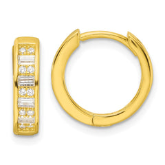 QE16299 Sterling Silver Polished Gold-tone CZ Hinged Hoop Earrings