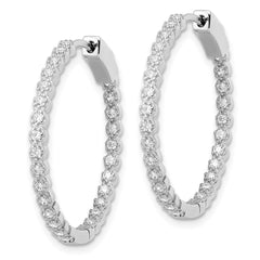 QE16304 Sterling Silver Polished Rhodium-plated In & Out CZ Hinged Hoop Earrings
