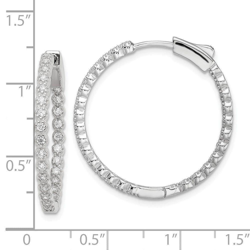 QE16304 Sterling Silver Polished Rhodium-plated In & Out CZ Hinged Hoop Earrings