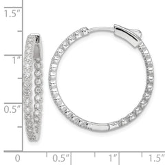 QE16304 Sterling Silver Polished Rhodium-plated In & Out CZ Hinged Hoop Earrings