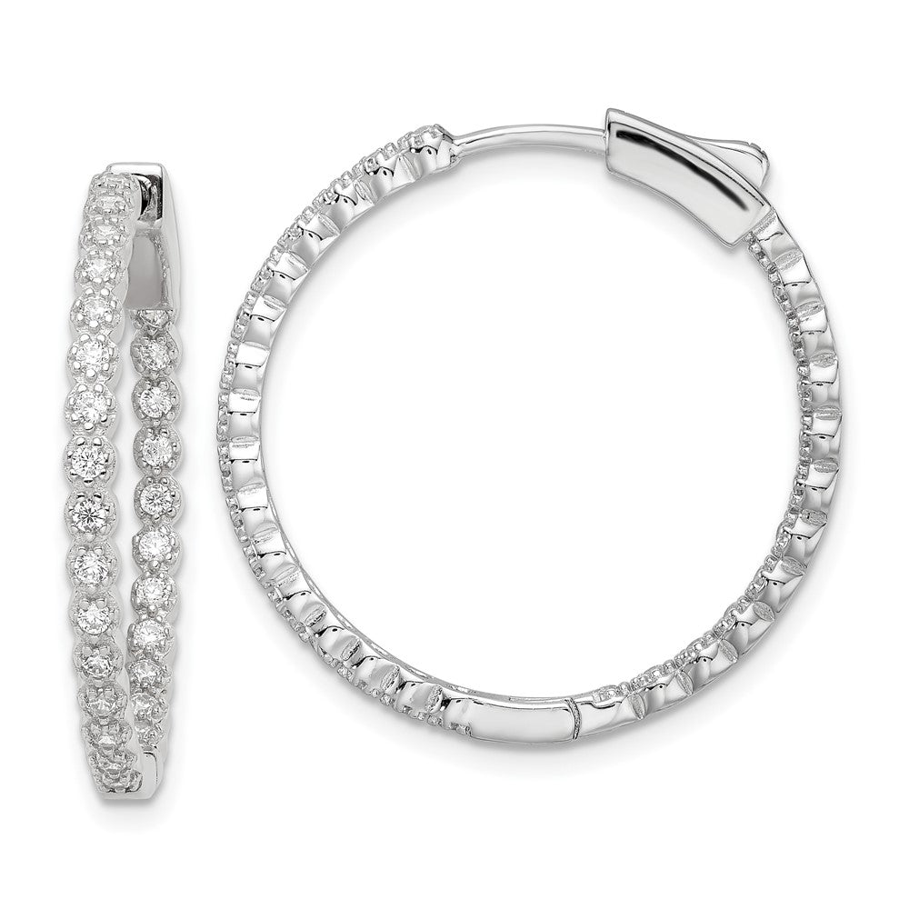 QE16304 Sterling Silver Polished Rhodium-plated In & Out CZ Hinged Hoop Earrings